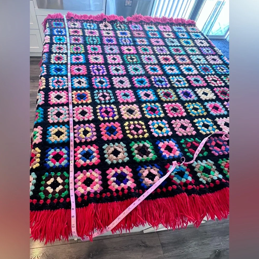 Handmade Crochet Granny Square Afghan Approximately 72”x72” including Fringe
